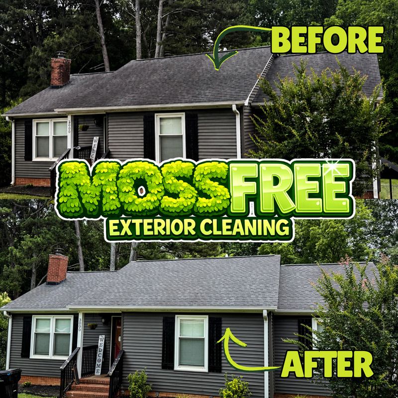 Drone before and after photo of a ranch home roof cleaned of dark algae growth