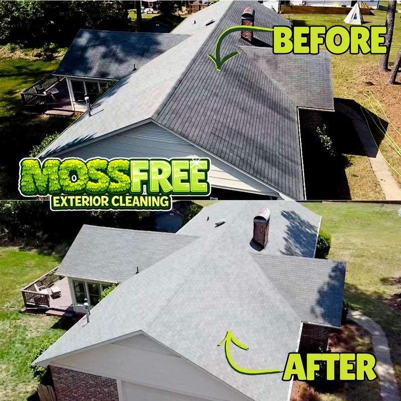 Before and after soft wash roof cleaning on a gray split-level home with black algae streaks removed