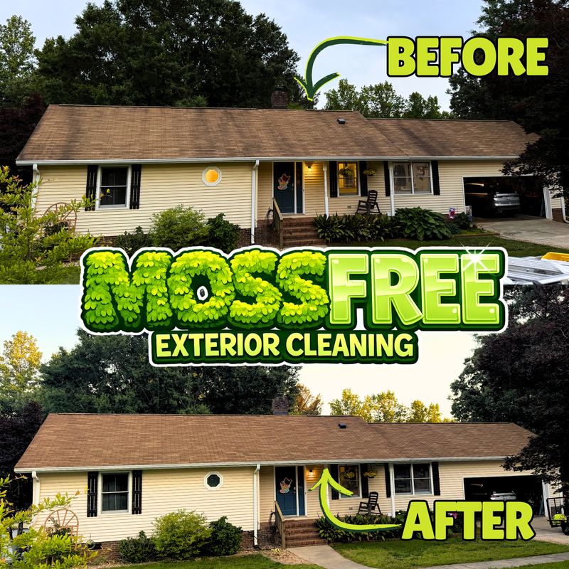 Before and after roof wash on a two-story home with brown shingles and yellow siding