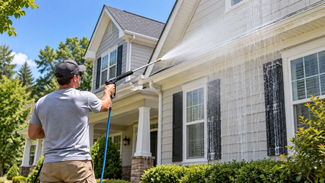 Technician washing the lap siding of a two-story home, dirt rinsing down the wall