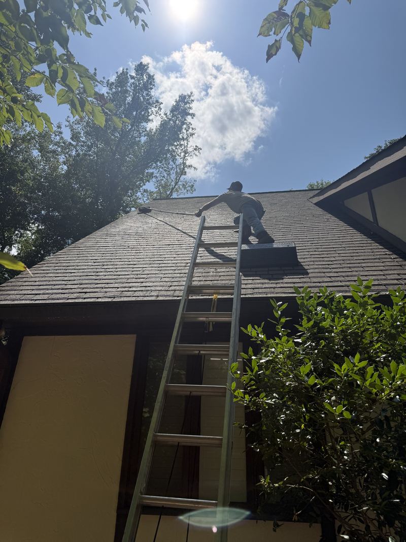 Extension ladder set up to a two story roof line before an exterior cleaning
