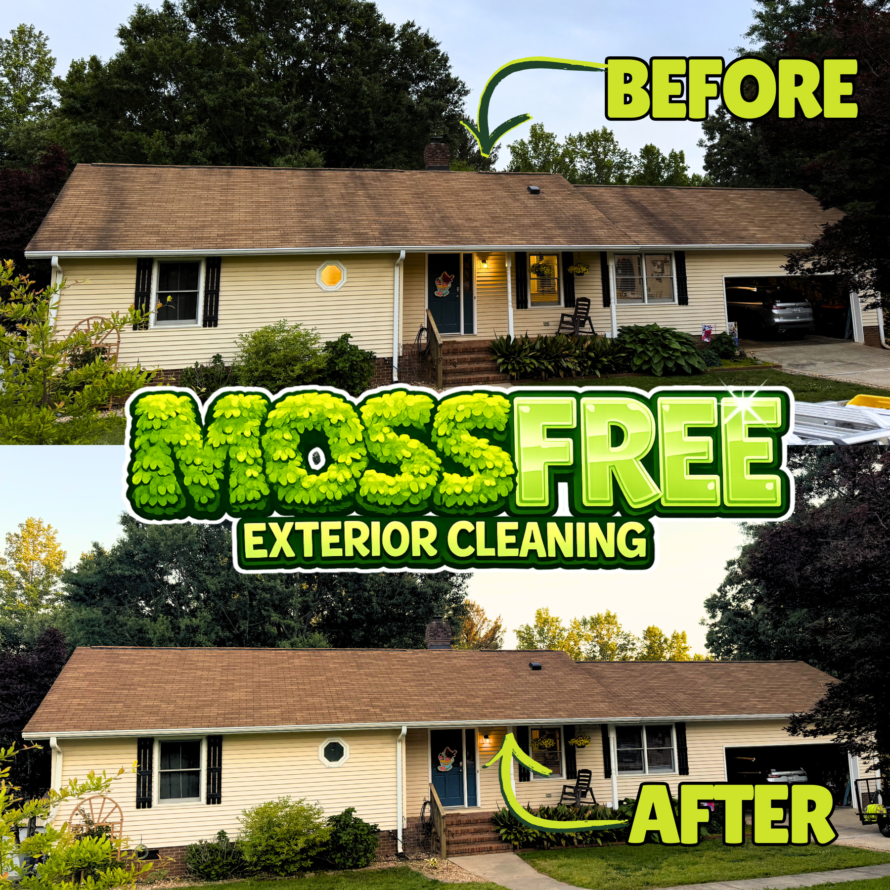 Roof washing before and after - Moss Free Upstate SC