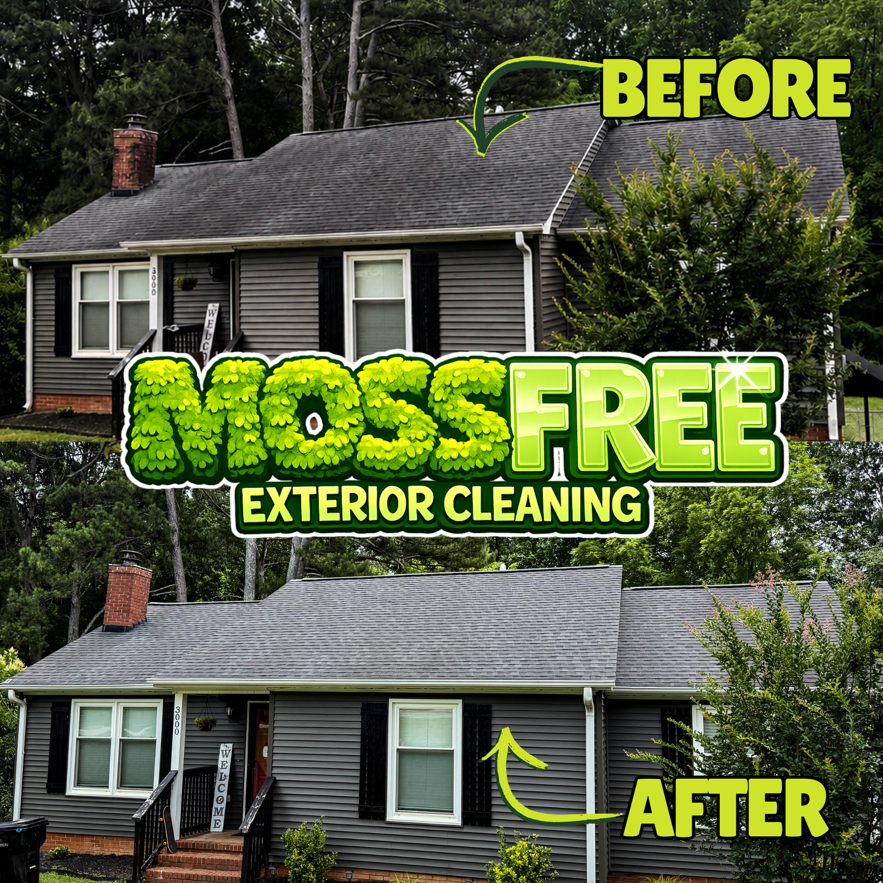 Roof washing before and after - Moss Free Upstate SC